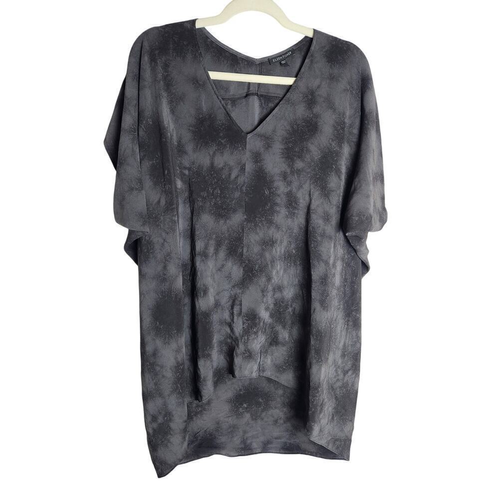 Eileen Fisher Silk Tunic black/gray Watercolor oversized sz M Lagenlook artsy